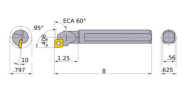 75° Cutting Angle 0.797 Minimum Cutting Dia. Right 0.625 Shank Dia Steel Shank Mitsubishi Materials S-SSKCR-103 Screw Clamp Boring Bar with 0.375 IC Square Insert 